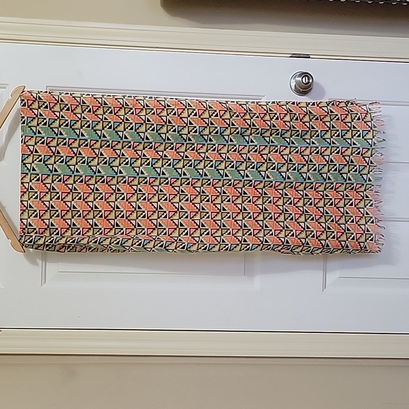 Geometric shape scarf small, blue, coral, tan, black - Picture 5 of 5